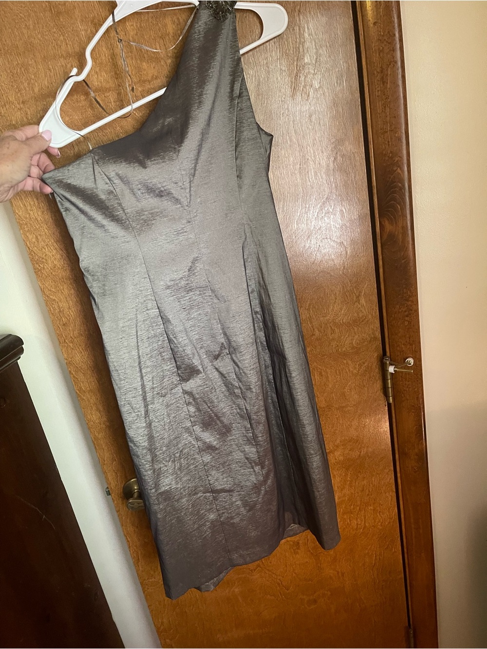 Sears One-Shoulder Metallic Taupe Sheath Dress - Picture 10 of 14